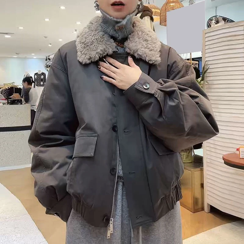 加厚毛领工装外套女2025冬季通勤宽松设计感保暖飞行服短夹克上衣