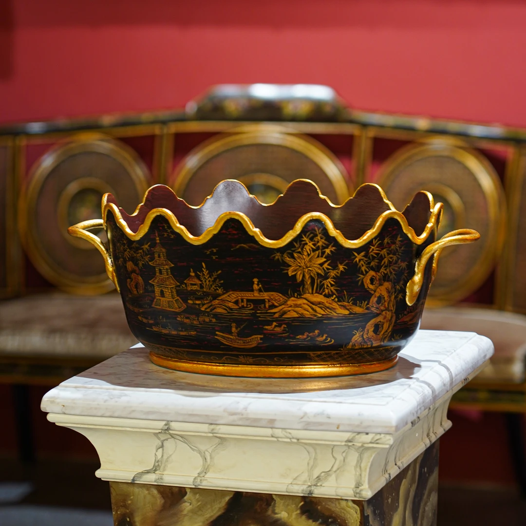 【本尼家】YS143法式中国风手工发丝黑底/绘山水图案/装饰花盘摆件