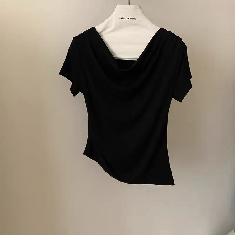 气质荡领 温柔收腰短袖T恤女 25夏季韩系设计感小众上衣