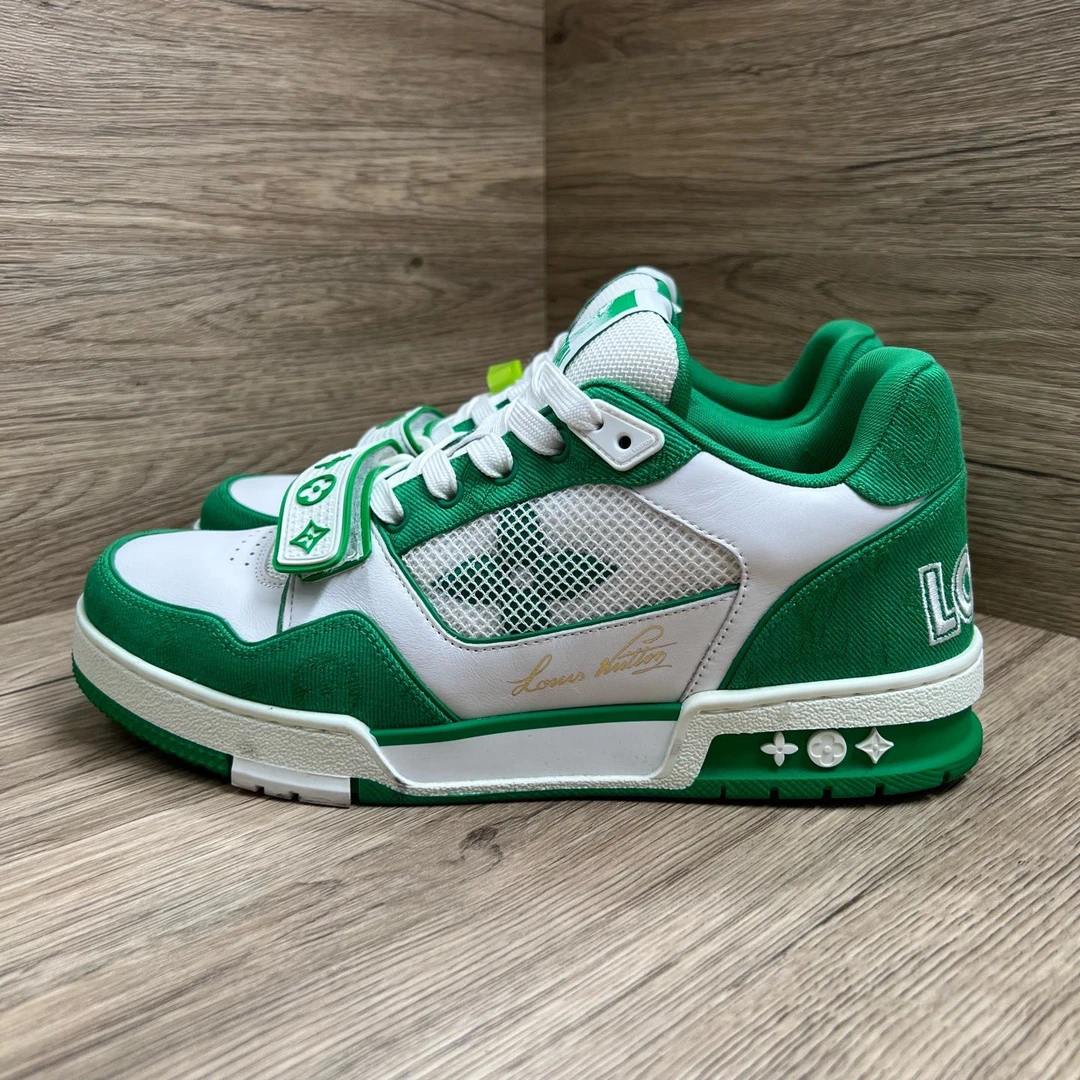 99新 LouisVuitton/路易威登 Trainer 白绿牛仔魔术贴板鞋 41码
