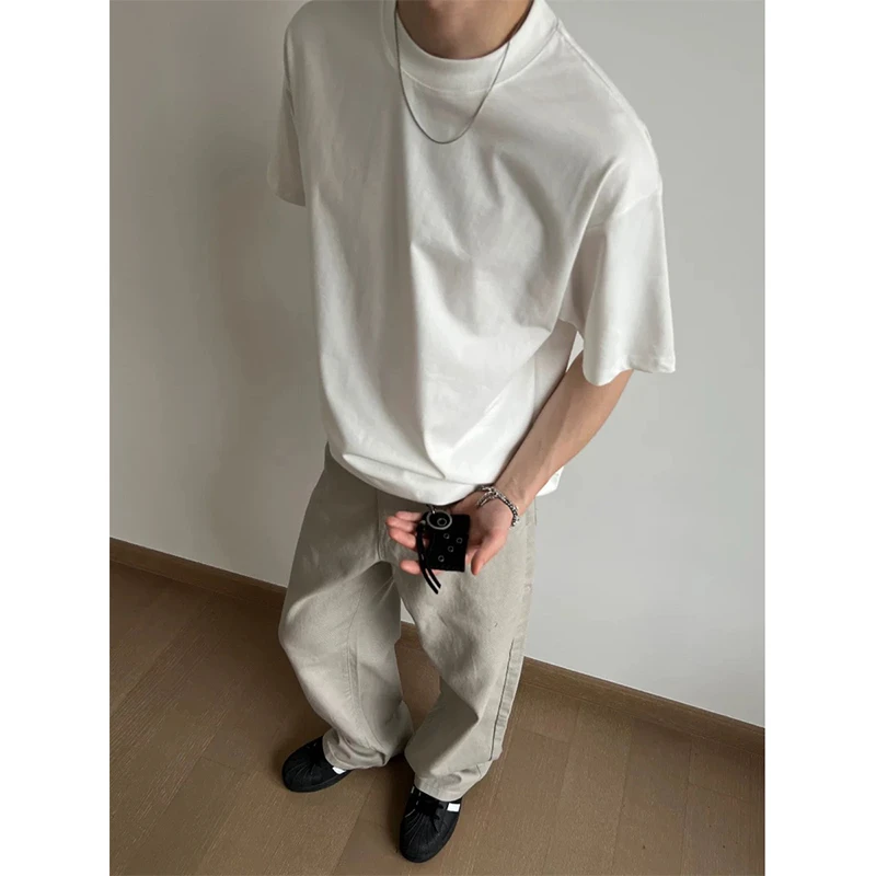 纯棉白色短袖t恤男小领口正肩半截袖240g重磅cleanfit内搭打底衫