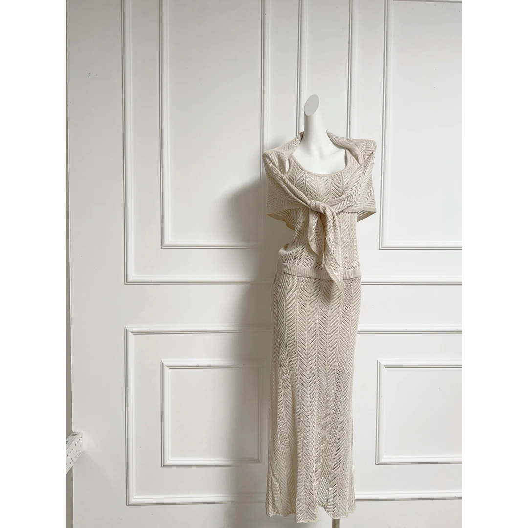 三件套法式名媛风针织套装裙女夏2025新款无袖吊带上衣包臀半身裙