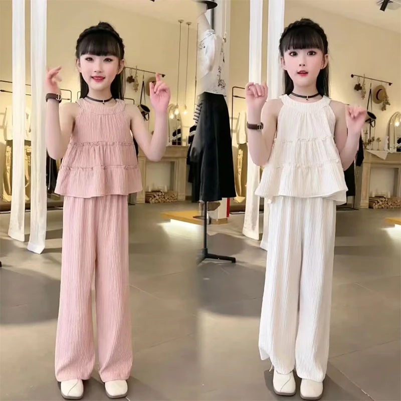 女童挂脖无袖套装2025夏装新款网红大儿童装女孩夏季吊带时髦洋气