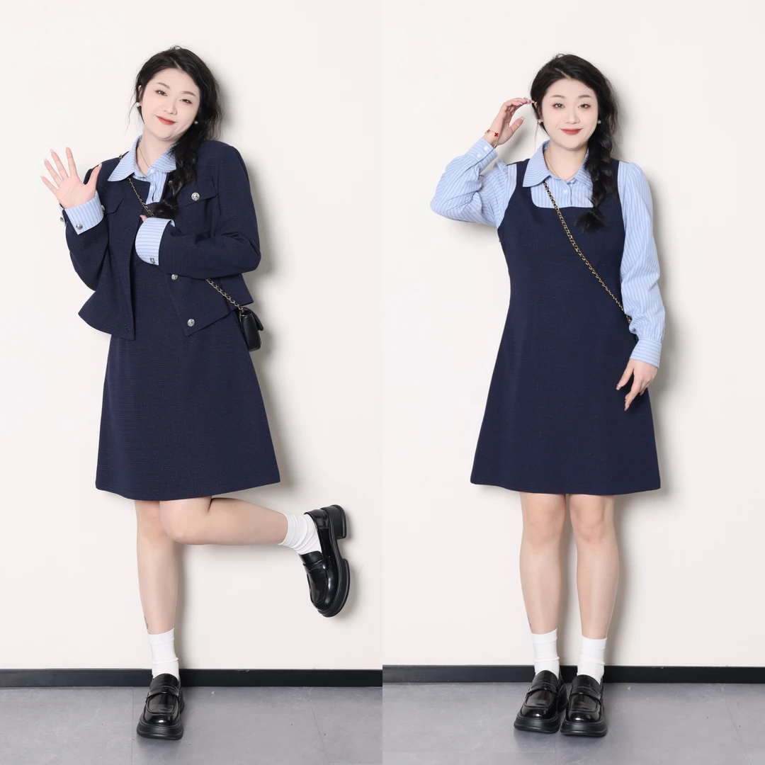 QC宣宣-【可露千金】微胖大码女早春小香外套+连衣裙套装 ZY310J49