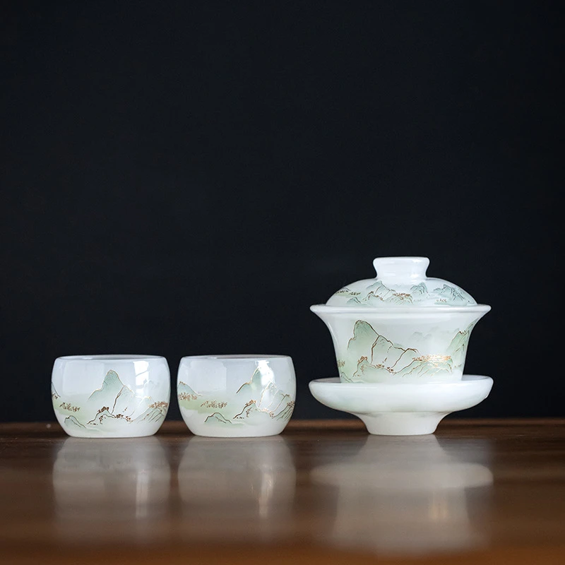 千里江山复古琉璃三才盖碗一盖两杯