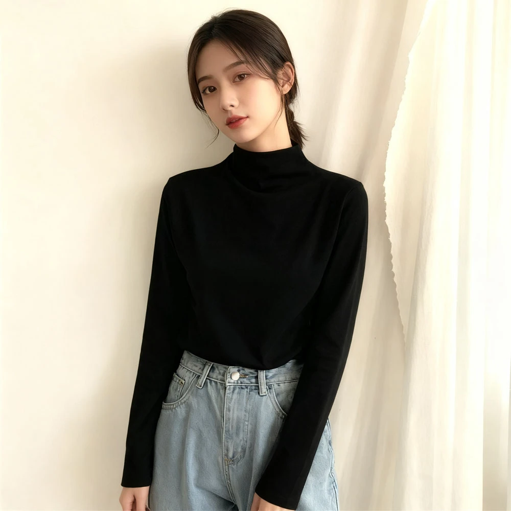 秋冬2025新款慕斯绒半高领长袖T恤女磨毛内搭高级感打底衫上衣潮