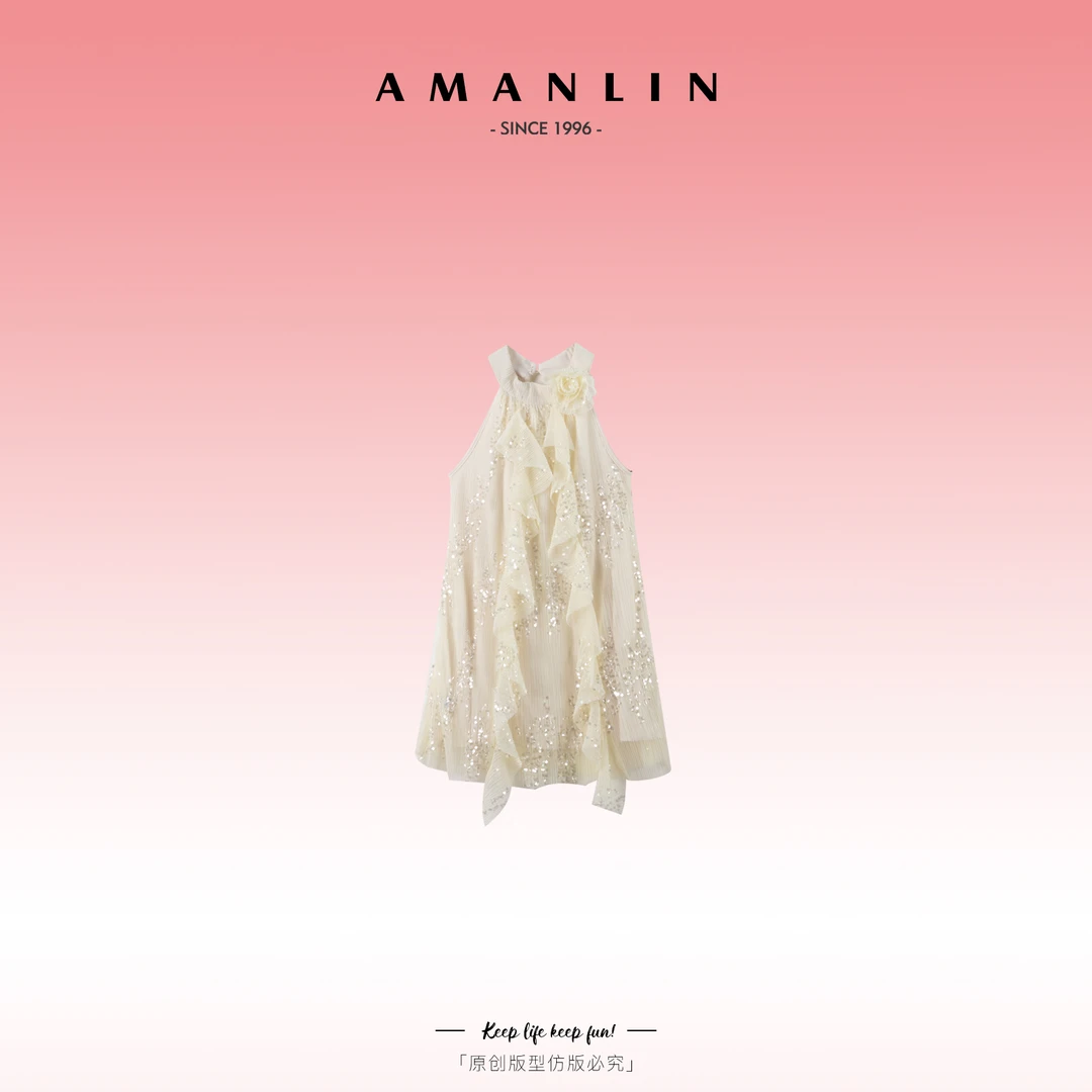 AMANLIN/阿谩琳夏季气质百搭欧若风高级感细闪甜妹连衣裙D595910