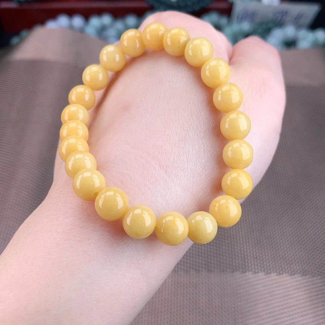 正品A货翡翠手串8m鸡油黄圆珠女士时尚手串百搭黄色气质经典精美