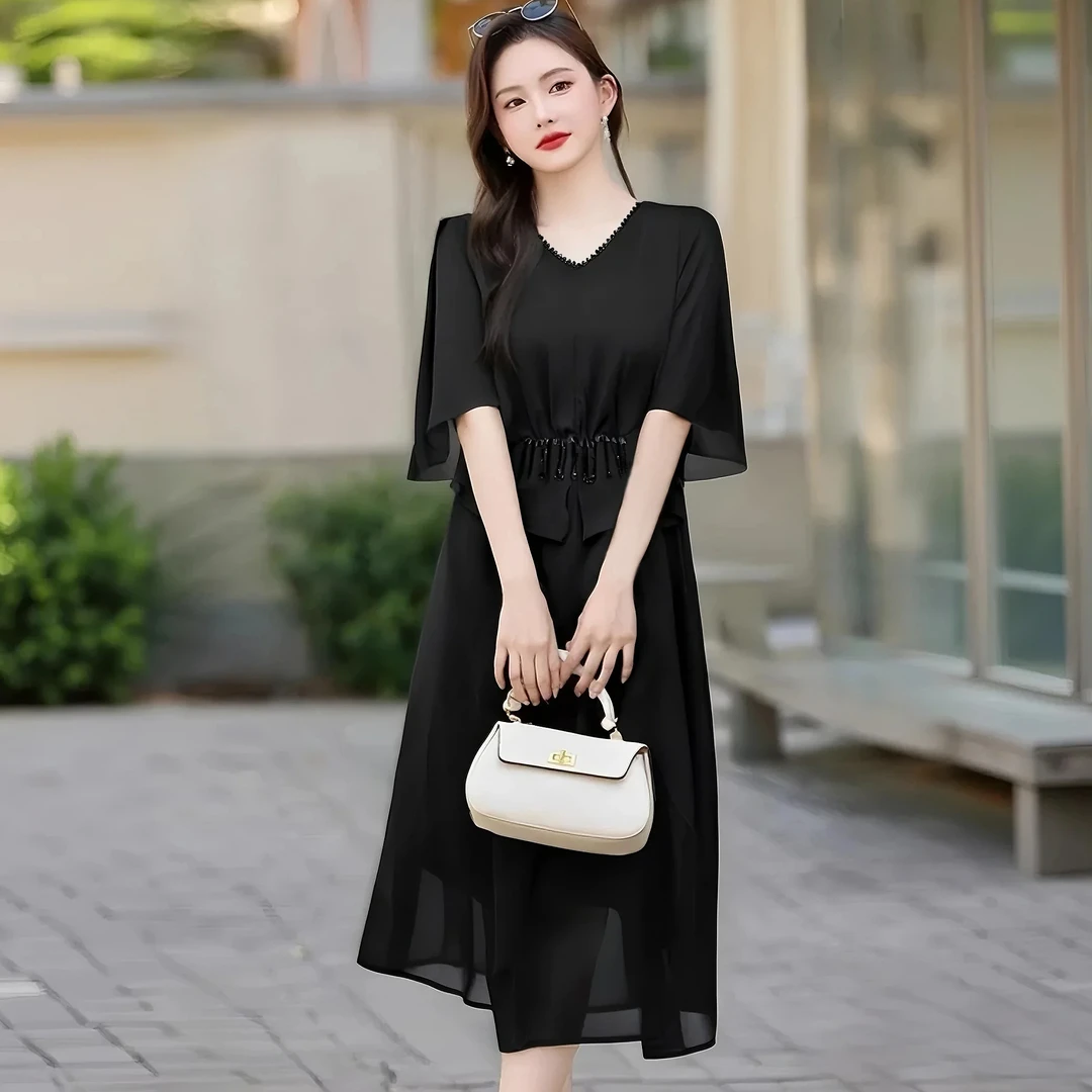 B【有里布】短袖连衣裙女2025夏季新款女神范薄款收腰礼服裙D2920