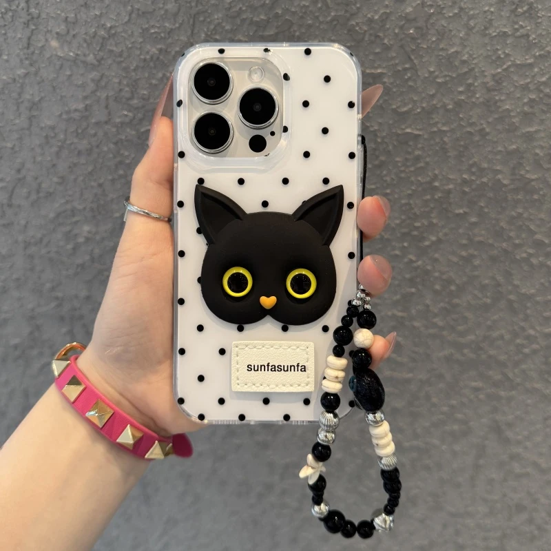 GGBond立体黑猫贴件适用苹果16大孔手机壳华为vivo小米15oppo挂链