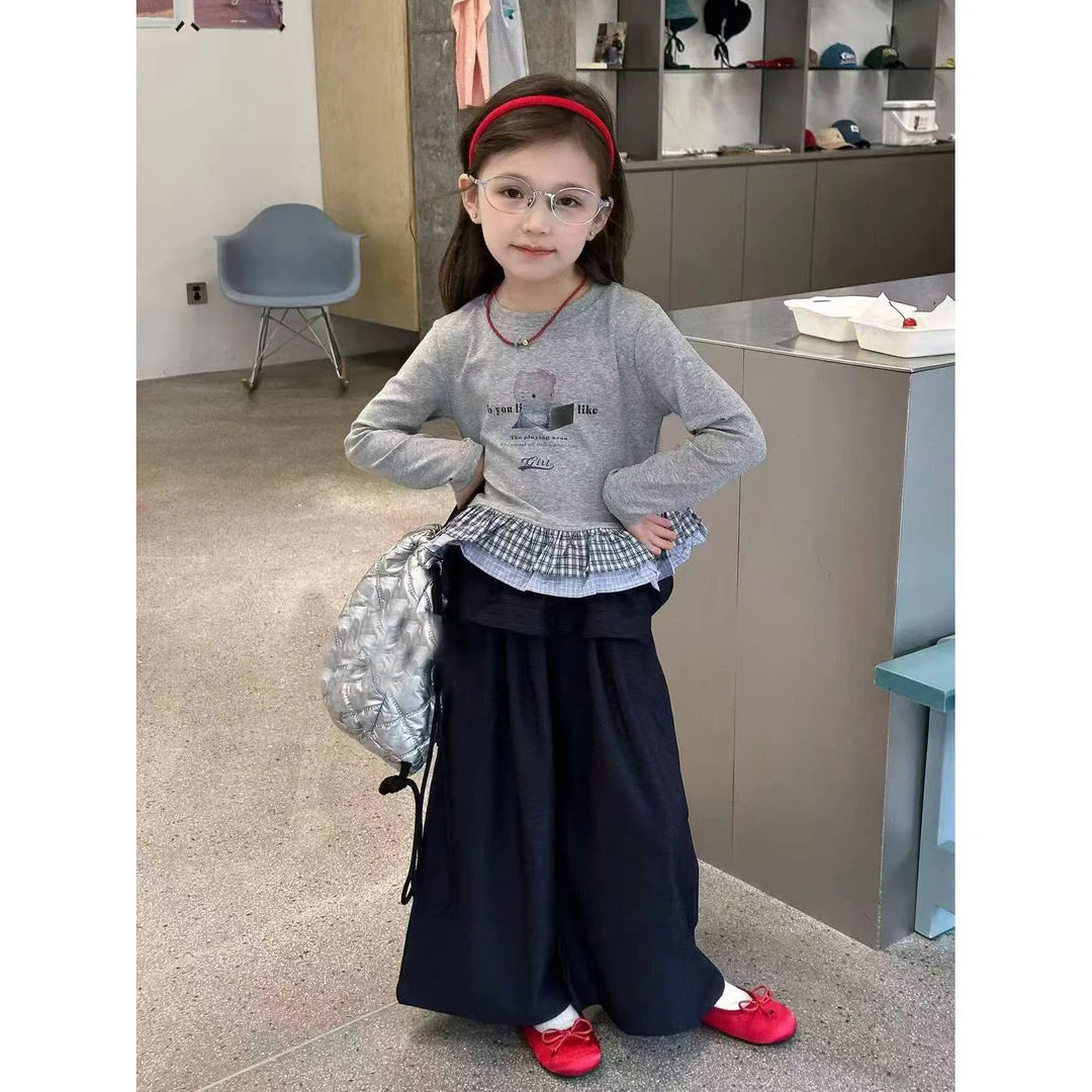 2025秋季新款洋气灰色格子拼接裙摆长袖t恤女小童宝宝打底衫T上衣