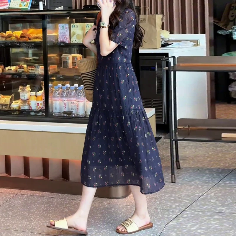 大码女装夏季时尚印花短袖显瘦碎花法式连衣裙气质女装宽松御姐风