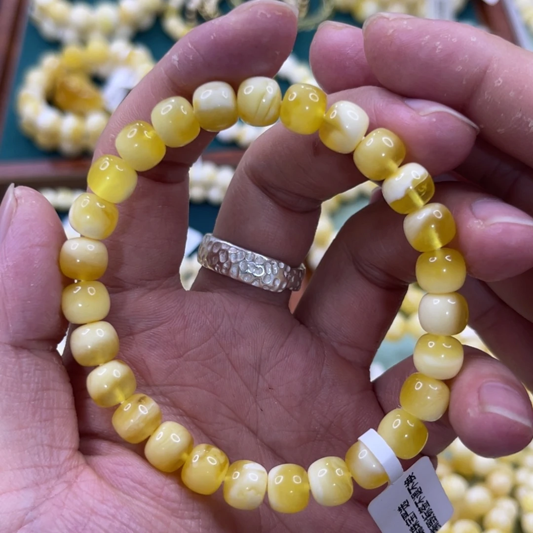 蜜蜡未镶嵌珠宝奇石8.5mm金白腰花溶洞