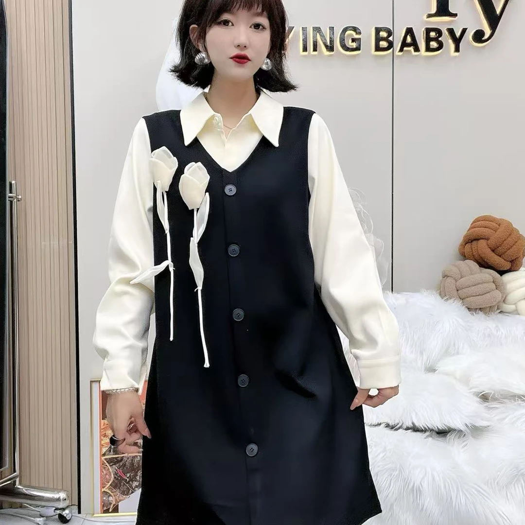YY 大码(郁金香)法式立体花朵假两件拼接衬衫大码秋季连衣裙