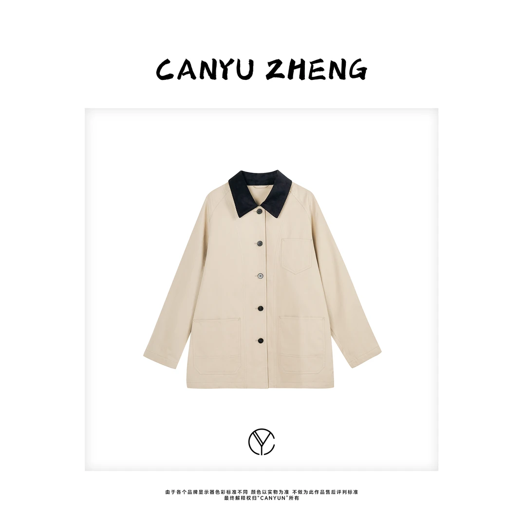 CANYU 高密斜纹棉 复古翻领中长款宽松夹克外套
