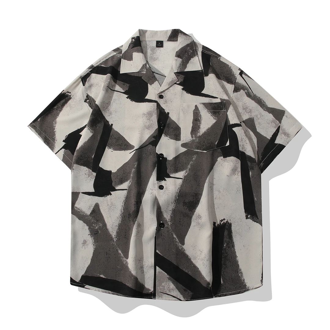 夏季古巴领潮流宽松复古冰丝短袖衬衫男凉感透气简约高级撞色衬衣