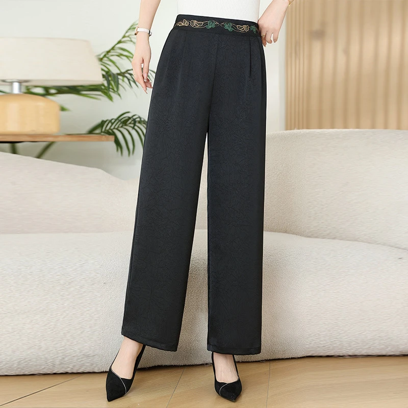 中老年夏季薄款女裤宽松春秋直筒裤时尚妈妈高腰垂感阔腿裤休闲裤