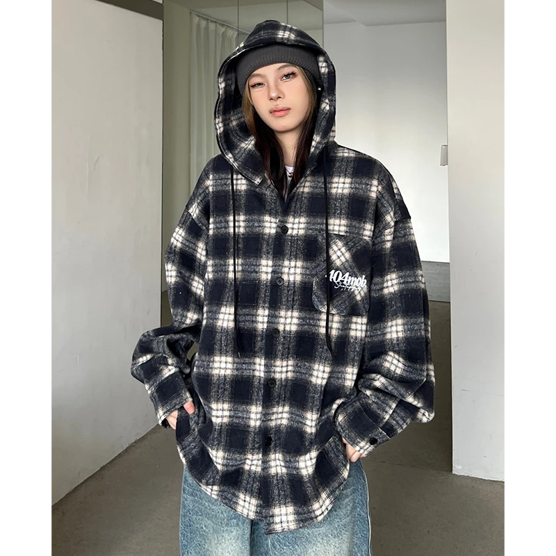 404MOB春秋长袖百搭情侣复古宽松休闲潮流韩版连帽衬衫