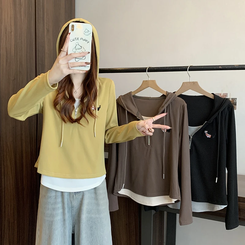 2025春装新款胖mm大码女假两件拼接休闲连帽长袖上衣T恤20086