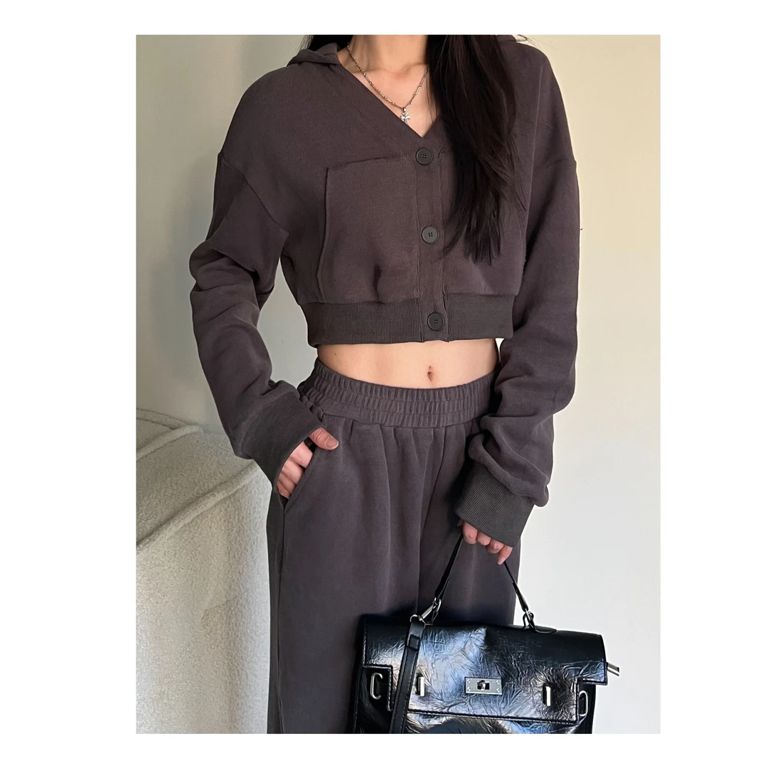 2024新款显瘦显腿长灰色短款韩版休闲运动套装阔腿宽松卫衣时尚