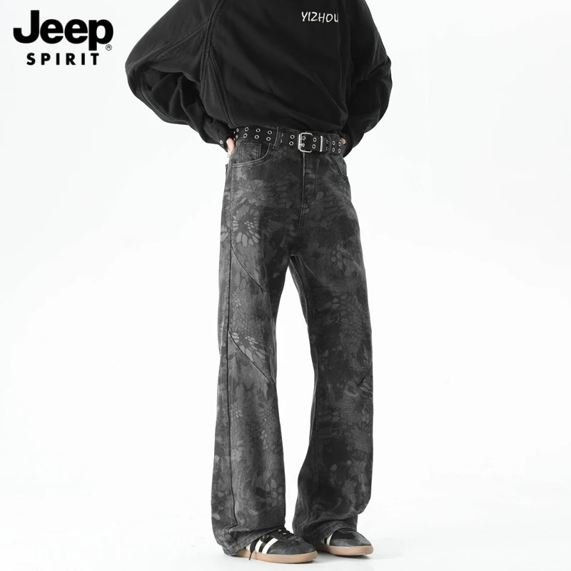 JEEPSPIRIT新款蛇纹提花微喇牛仔裤男春季美式高街显瘦宽松牛仔裤