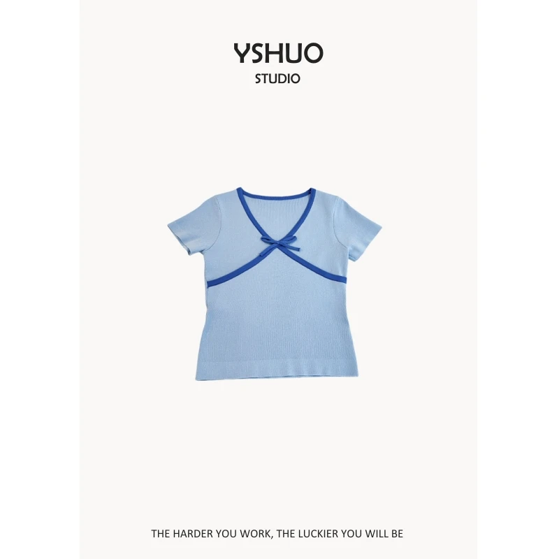 YSHUO【加州甜心】复古气质显瘦撞色正肩修身弹力针织T恤 24120