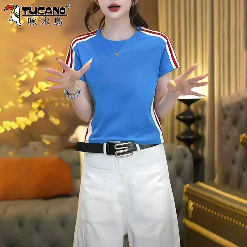 啄木鸟棉短袖t恤女拼接条纹夏季2025新款宽松显瘦欧美上衣女潮