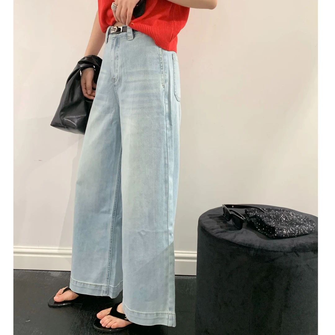 Pada嘻&BBQ【附配腰带】简约宽松 高腰显瘦牛仔裤 24275 Hi Fortune