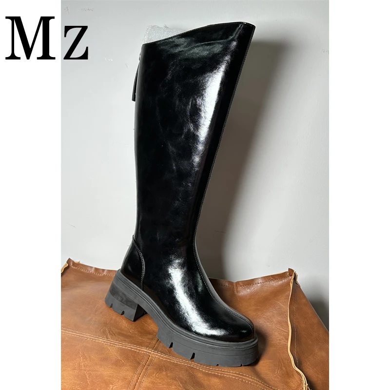 孤品捡漏/厚底后拉链亮皮高筒骑士靴