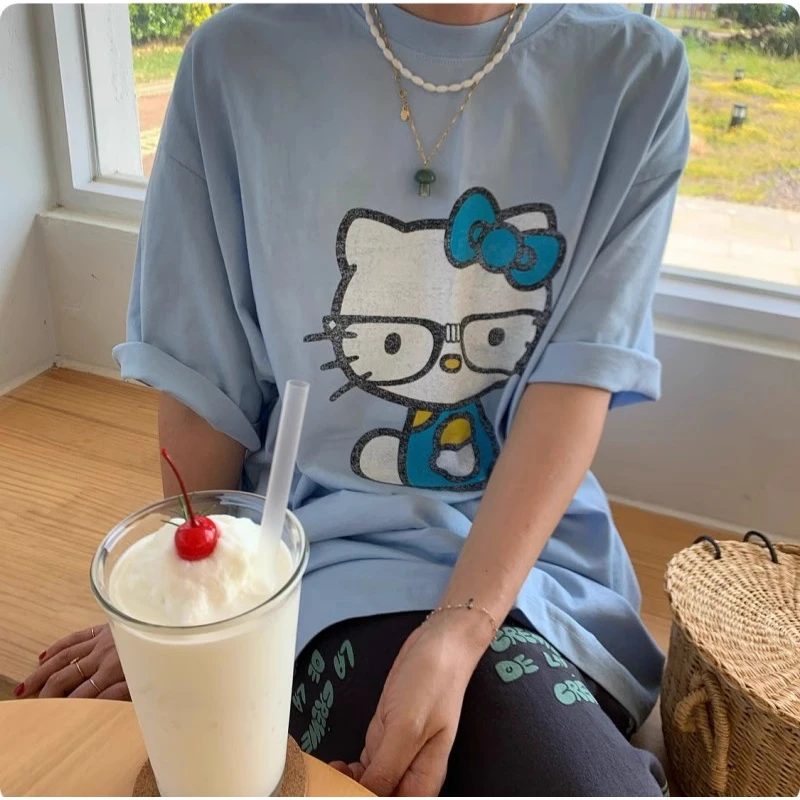 凡他姨【KT眼镜妹】时髦小众恶搞kitty印花T恤宽松纯棉圆领短袖女