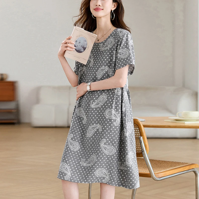 606休闲短袖连衣裙女夏装2025年新款妈妈遮肚子宽松复古波点裙子