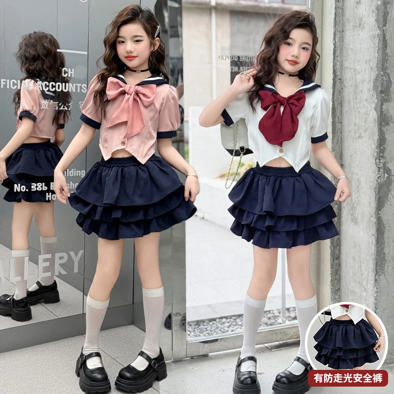 女孩童jk制服套装25新款夏季学院风海军领水手服衬衫蛋糕裙两件套