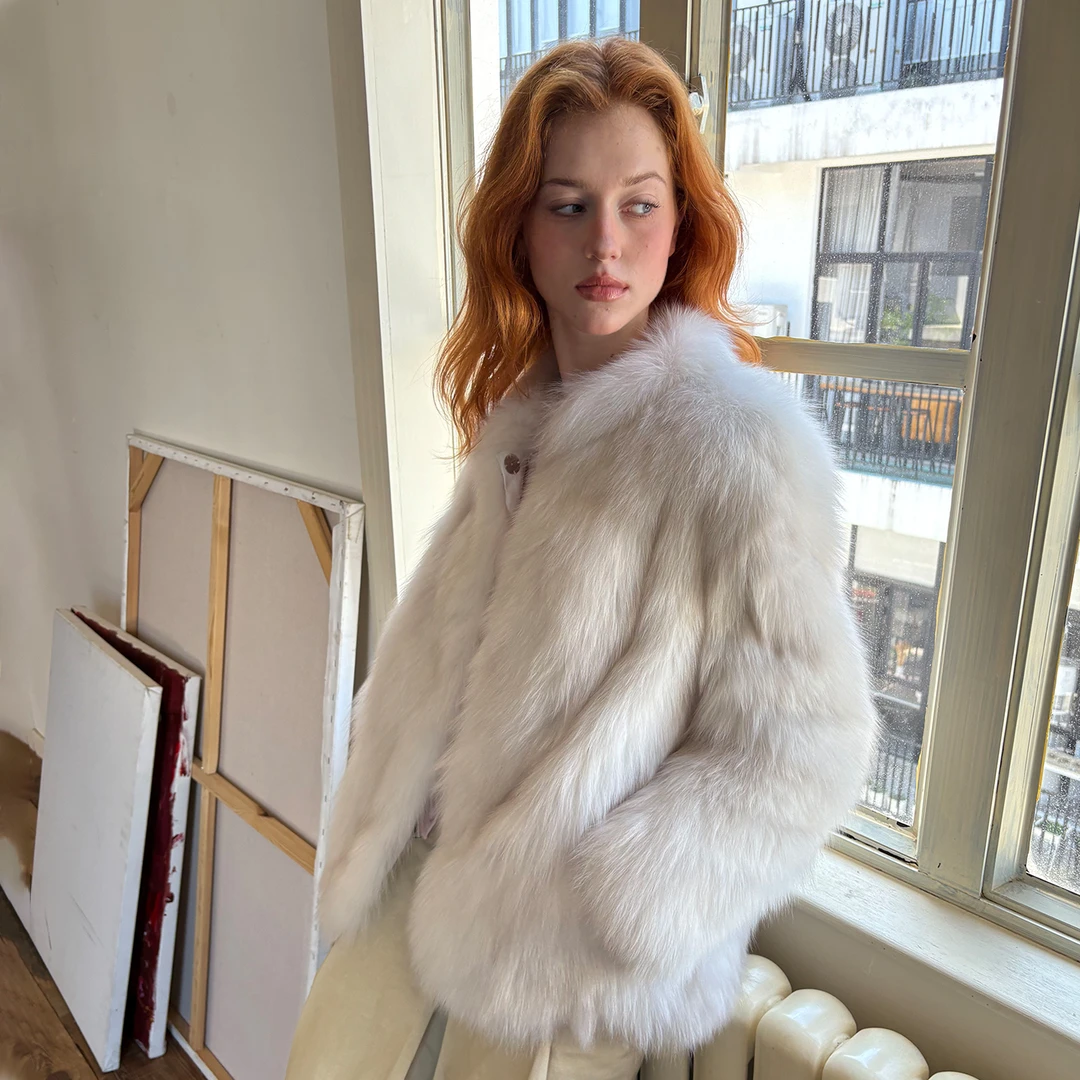 北麋「首尔千金」芬兰进口整皮saga狐狸毛皮草立领外套女短款冬大衣