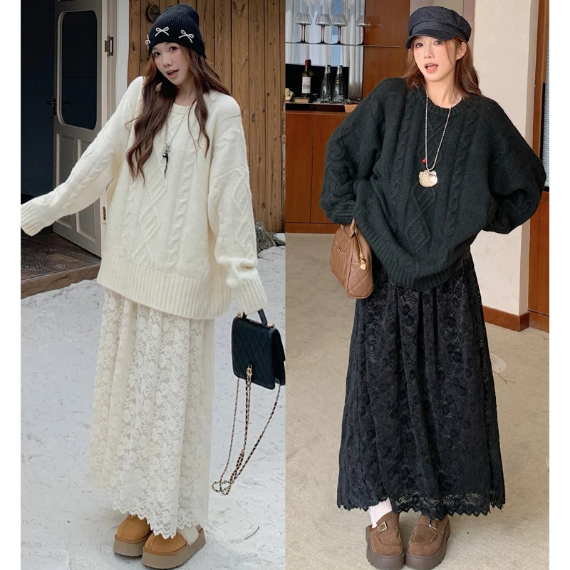 大码胖mm秋冬新款设计感宽松长袖保暖毛衣蕾丝半身裙两件套装女