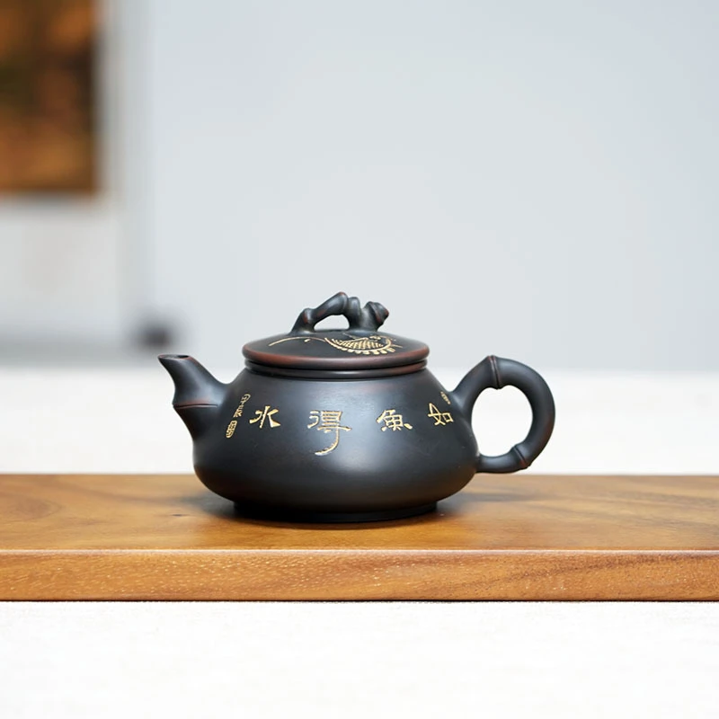 7号 竹韵壶 刻绘如鱼得水 全手工坭兴陶茶壶 中式 200CC