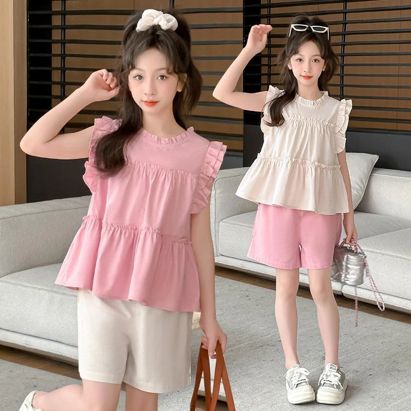 巴拉儿童女童夏季短裤套装2025新款洋气夏装中大童儿童飞袖上衣休