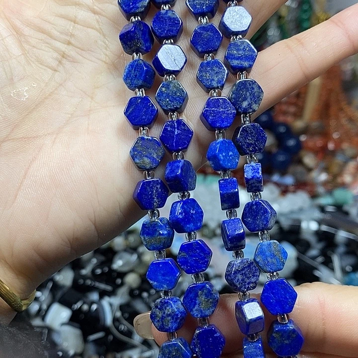 玛瑙/玉髓未镶嵌珠宝半成品天然青金六边型卡9mm一条