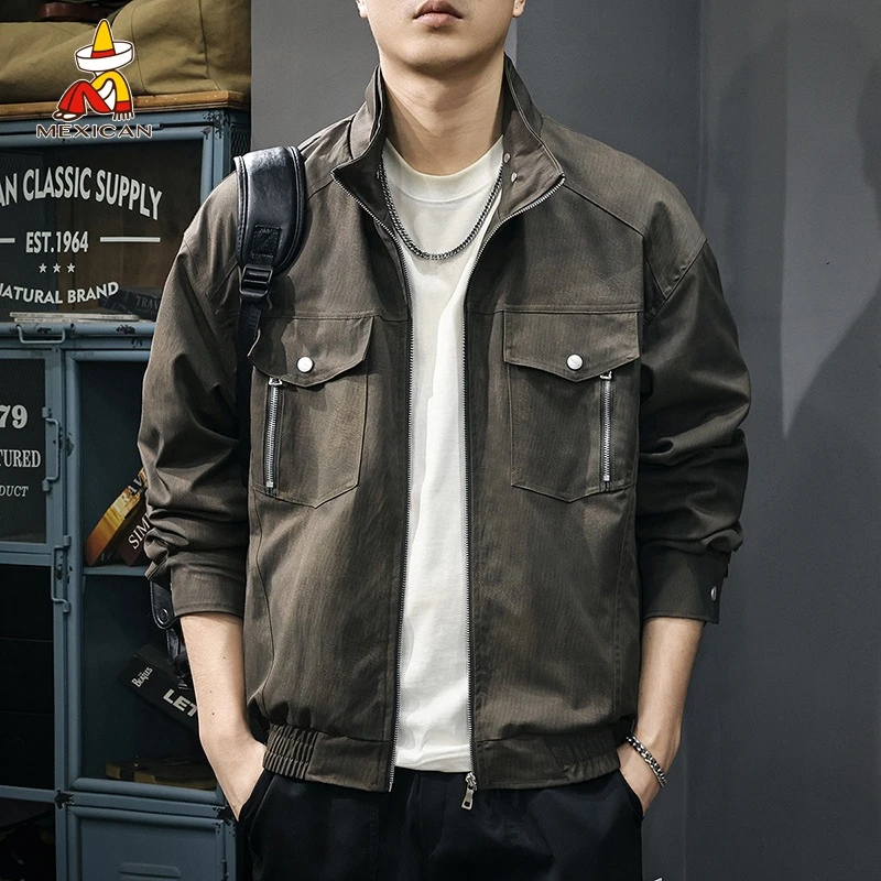 Mexican/稻草人春季立领工装夹克男款美式宽松休闲百搭长袖外套潮