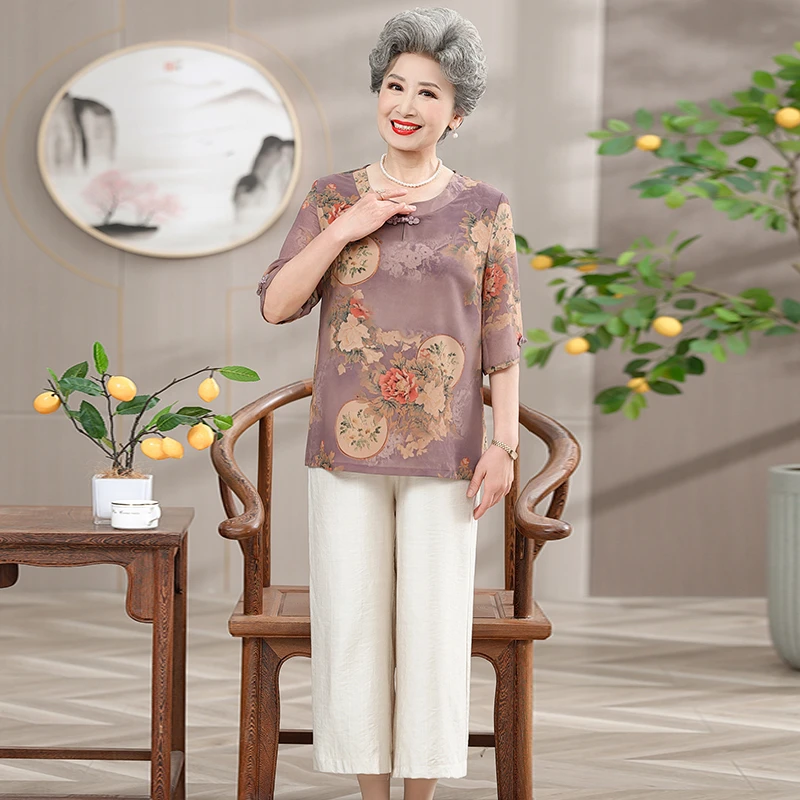 中年妈妈夏季套装2023新款七分袖洋气雪纺恤上衣中老年夏装套装