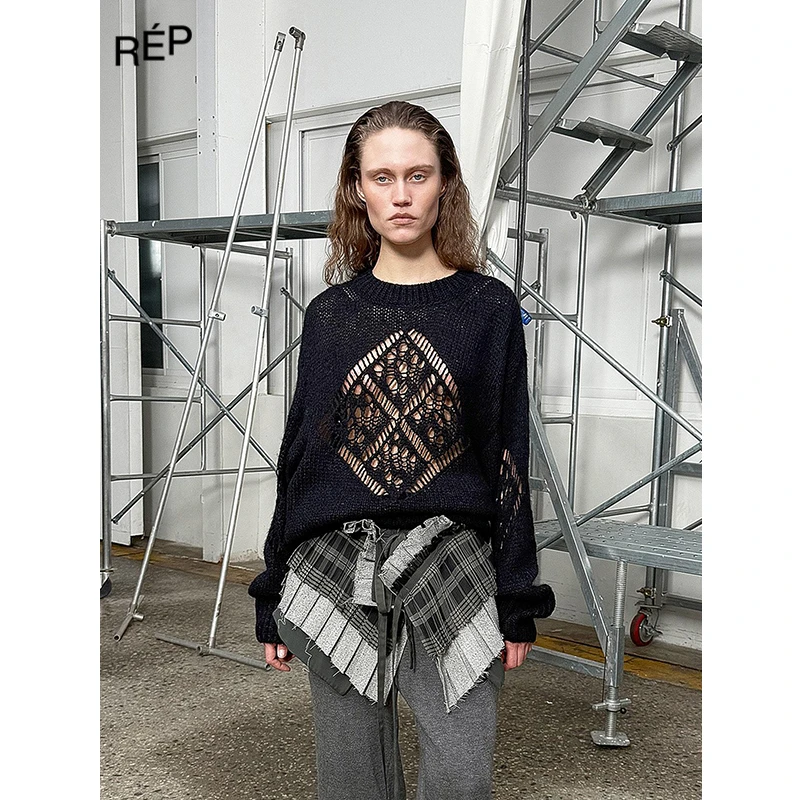REP-OPEN YY设计师品牌棕色/黑色镂空针织长袖毛衫 25FW女装新品