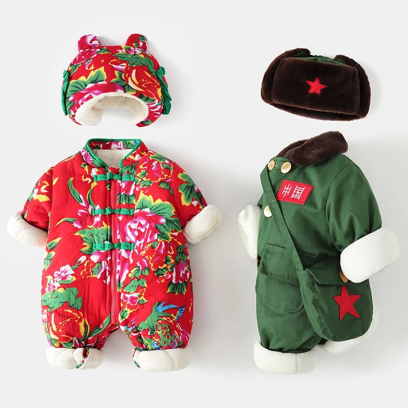 婴儿衣服冬装加绒保暖军装满月宝宝小红军连体棉衣周岁军大衣爬服