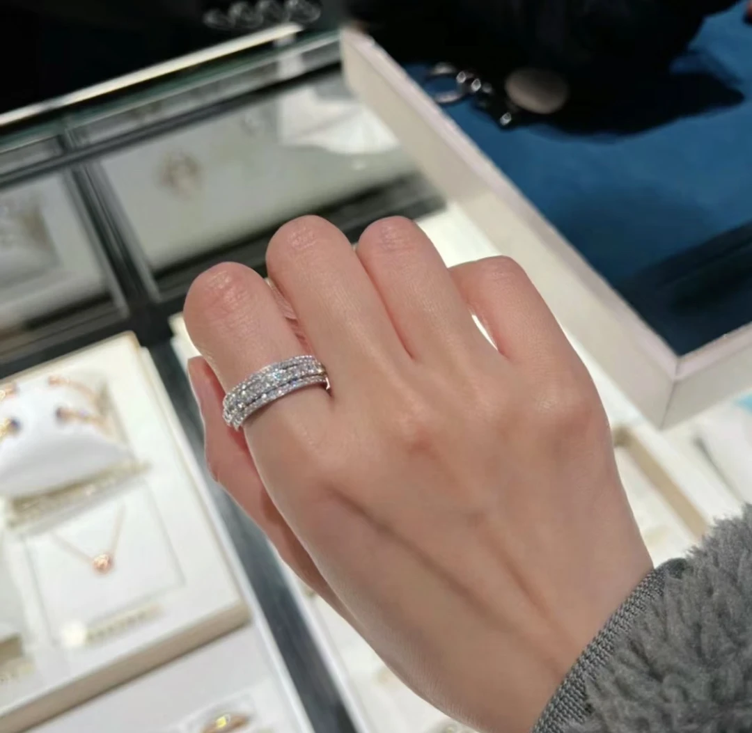 925银戒指 S925银三排满钻时来运转转动戒指气质轻奢时尚镶钻