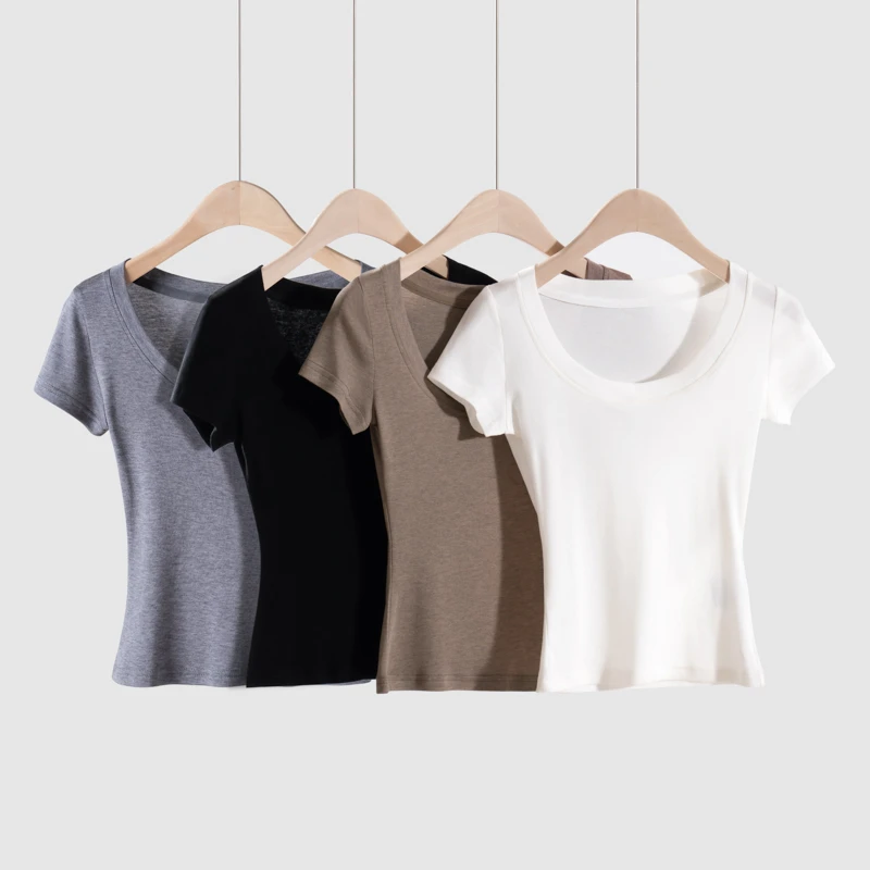 天丝羊毛混纺纯色修身短款针织T恤U领方领白色亲肤舒适佰搭上衣女