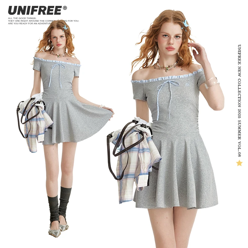 unifree【25年夏】一字肩连衣裙女修身甜美感蝴蝶结撞色花边短裙