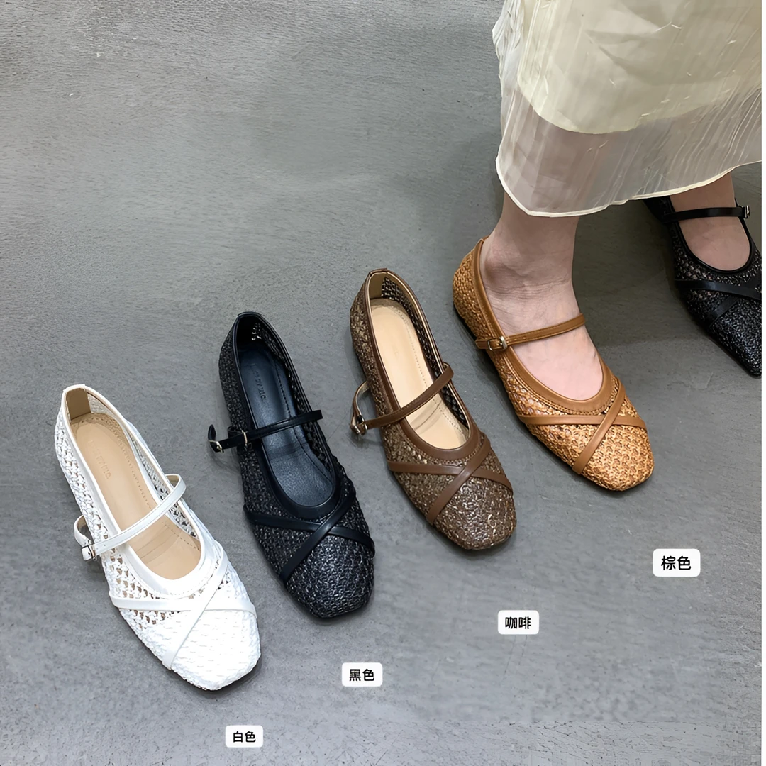 梦梦家 798-20 MIU系编织镂空夏季单鞋透气内增高韩系复古高级感