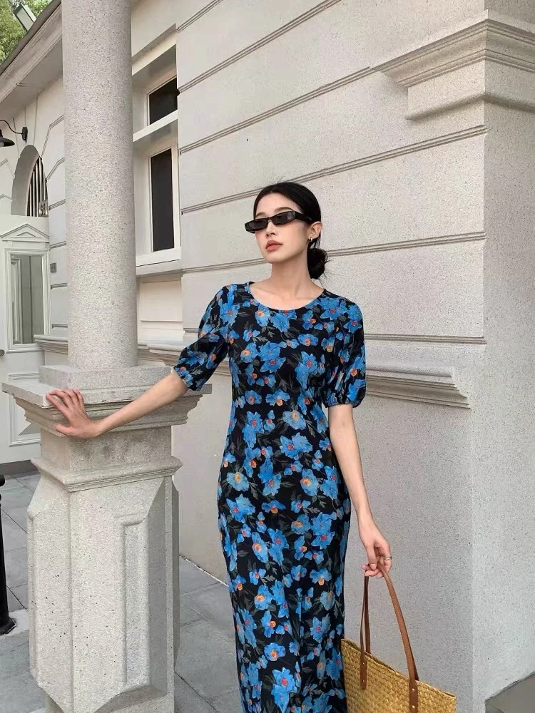 19-39休闲韩系风纯色法式高腰碎花方领时尚气质女夏季连衣裙百搭