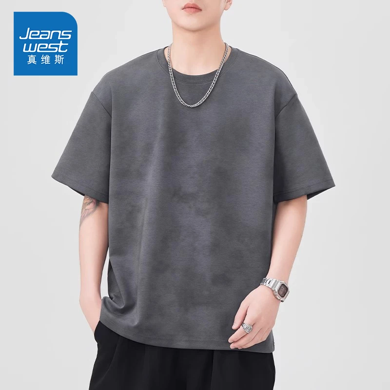 Jeanswest/真维斯美式复古云染短袖t恤男士宽松圆领弹力休闲上衣