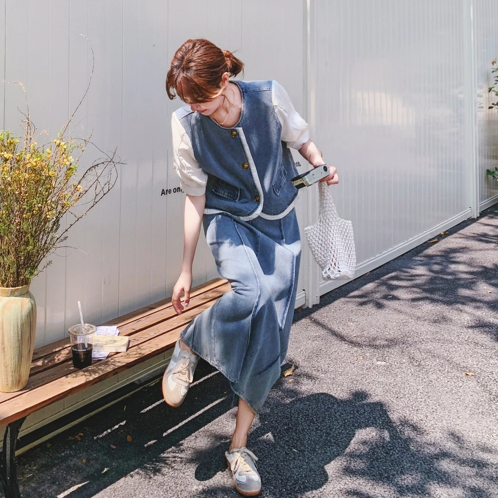 减龄一整套穿搭爆款高级感绝美大方得体牛仔短袖上衣半身裙套装夏