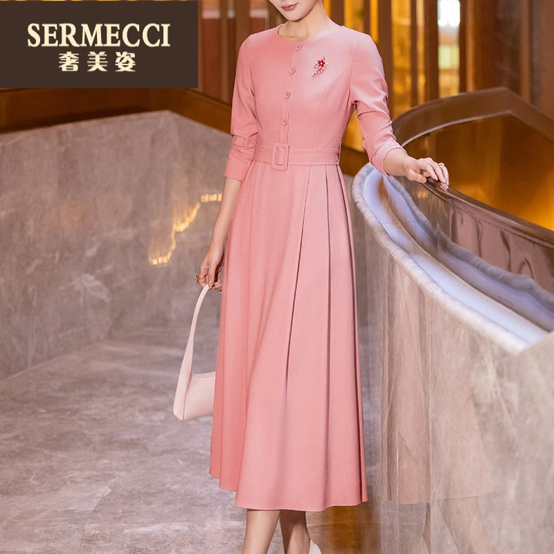 早春粉色时尚连衣裙女2025春装新款气质端庄七分袖圆领长款大摆裙