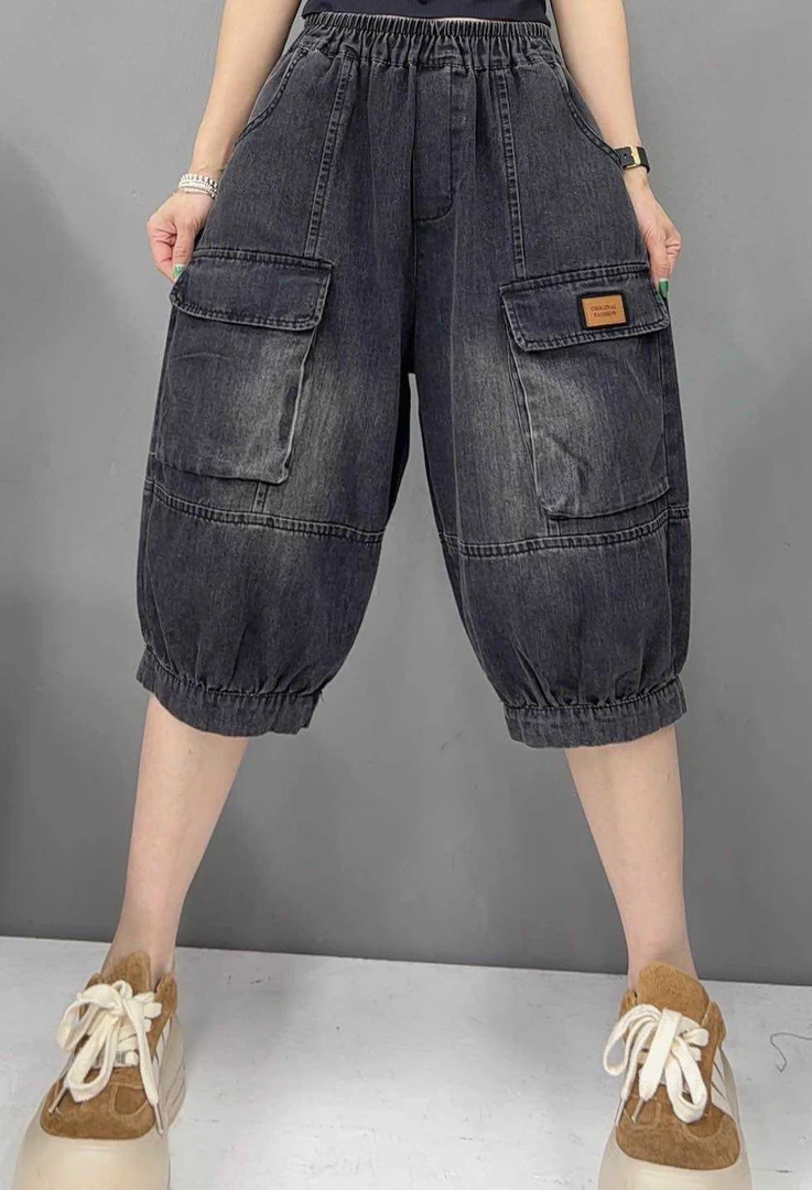 夏季女装新款大码宽松大口袋纯色水洗牛仔裤工装舒适显瘦哈伦裤女